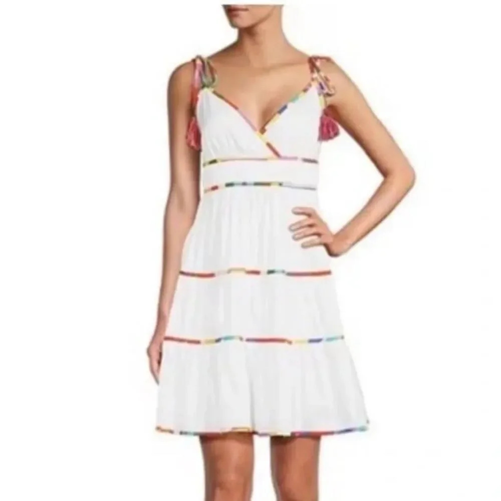 Antonio Melani‎ tiered skirt white dress vibrant trim ties w/tassel size 14